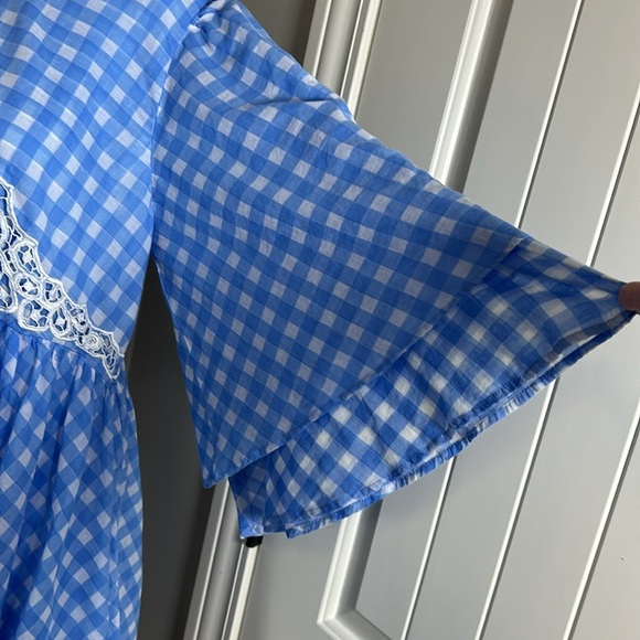 Free People Dress Gingham Blue White Lace Bubble Hem Angel Sleeve Sz L - Picture 4 of 9
